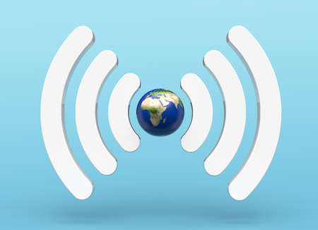 Isolated wifi signal formed with earth and blue on background. Ecology concept. 3d illustrationの写真素材