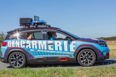 Benon, France - September 9, 2020: Gendarmerie patrol on a country road in escort during the tour de france cyclistのeditorial素材