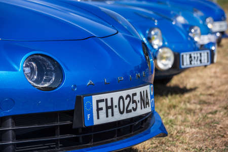 Benon, France - September 9, 2020: blue new and old Renault Alpine A110, car exhibited at the tour de france in small village contrysideのeditorial素材