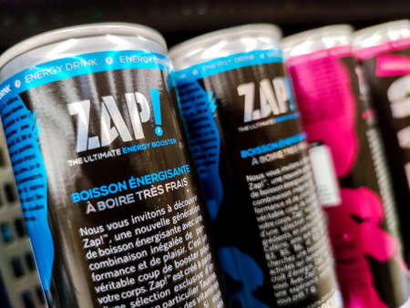 Puilboreau, France - October 14, 2020: Selected Focus on energy drink cans of Zap brand Original and blue lagoon taste in french marketのeditorial素材