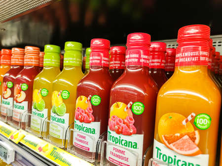 Puilboreau, France - October 14, 2020: Tropicana orange juice bottles on shelves in a french...