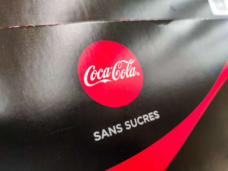 Puilboreau, France - October 14, 2020: Selected Focus on logo of coca cola sugar free bottles in...