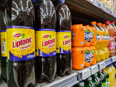 Puilboreau, France - October 14, 2020: Focus on liptonic and Fanta drink bottle's on the shelf in hypermarket. Liptonic and Fanta are manufactured by PepsiCoのeditorial素材