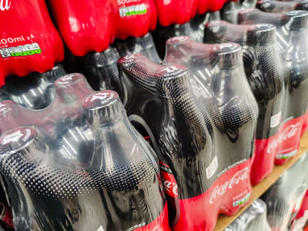 Puilboreau, France - October 14, 2020: Coca Cola brand soft drink on display for sell at a supermarket shelf in France. Coca Cola is a famous soft drink maker.のeditorial素材