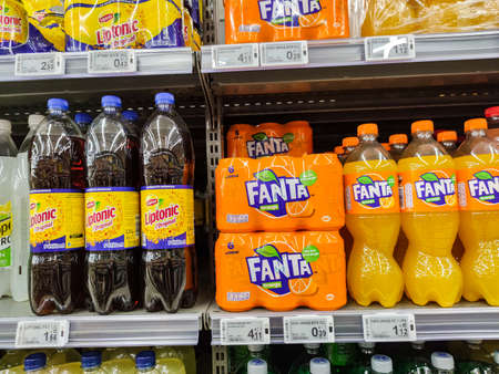 Puilboreau, France - October 14, 2020: Focus on liptonic and Fanta drink bottle's on the shelf in...
