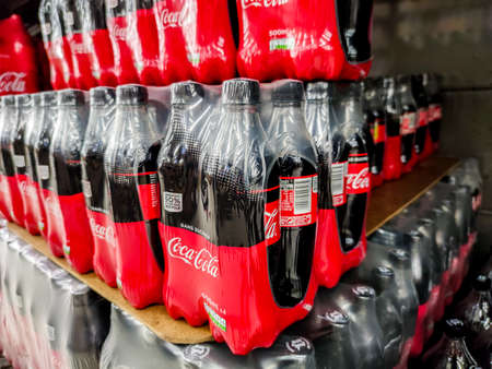 Puilboreau, France - October 14, 2020: Coca Cola brand soft drink on display for sell at a supermarket shelf in France. Coca Cola is a famous soft drink maker.のeditorial素材