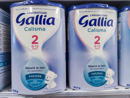 Puilboreau, France - October 14, 2020: Selected collection of powdered Baby Milk Gallia brand display for sell in french supermarketのeditorial素材