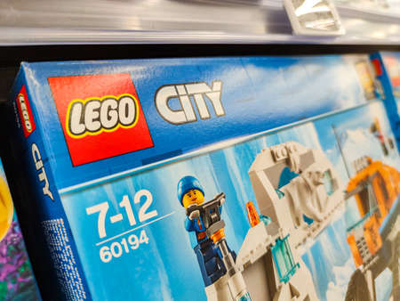 Puilboreau, France - October 14, 2020: Selected collection of many boxes Lego brand display for sell in french supermarketのeditorial素材