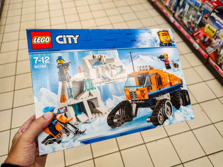 Puilboreau, France - October 14, 2020: Supermarket shelves filled with snowy Lego figurine display for sell in the supermarket shelvesのeditorial素材