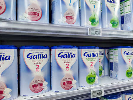 Puilboreau, France - October 14, 2020: Selected collection of powdered Baby Milk Gallia brand display for sell in french supermarketのeditorial素材