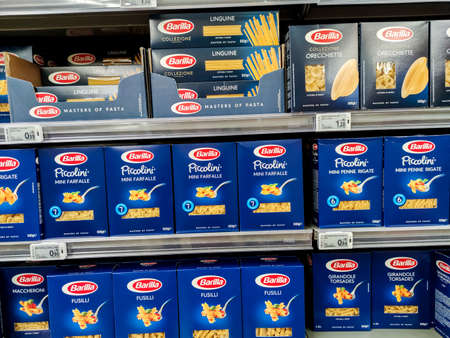 Puilboreau, France - October 14, 2020: Selected collection of pasta Barilla brand display for sell in french supermarketのeditorial素材