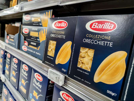 Puilboreau, France - October 14, 2020: Selected collection of orecchiette pasta Barilla brand display for sell in french supermarketのeditorial素材
