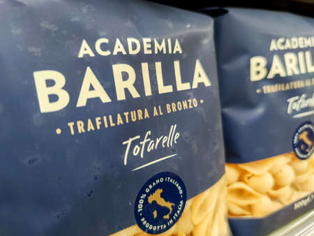 Puilboreau, France - October 14, 2020: Selected collection of tofarelle pasta Barilla brand display for sell in french supermarketのeditorial素材