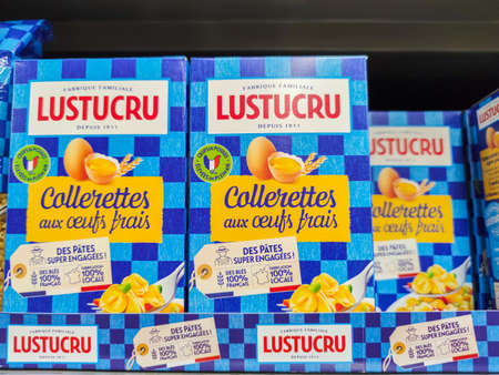 Puilboreau, France - October 14, 2020: Selected collection of collettes pasta Lustucru brand display for sell in french supermarketのeditorial素材
