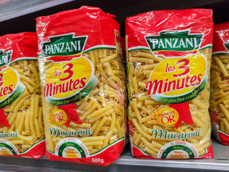 Puilboreau, France - October 14, 2020: Selected collection of macaroni pasta Panzani brand display for sell in french supermarketのeditorial素材