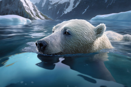 Portrait of Polar bear swimming in icy waters in Antarctica. Generative AIの素材