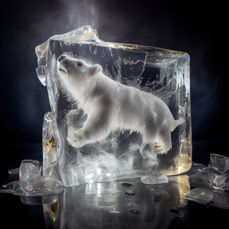 Global warming concept, metaphor melting ice, polar bear in ice. Generative AIの素材