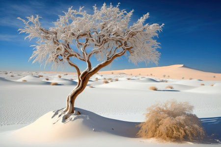 Global warming concept, panoramic view on snow tree in the desert. Generative AIの素材