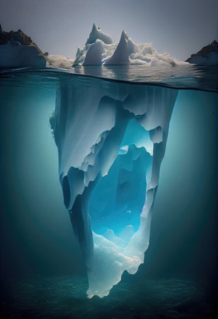 Massive piece of iceberg floating on the water with the submerged part visible. Generative AIの素材