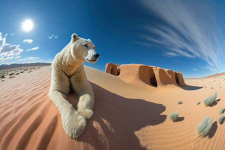 Global warming concept, portrait of polar bear lying on a sand dune in the dessert. Generative AIの素材