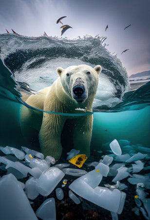 portrait of polar bear swimming in water strewn with plastic waste left by human activity. Generative AIの素材