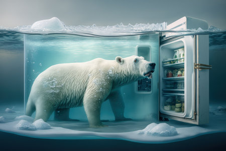 Global warming concept, portrait of polar bear swimming in a fridge. Generative AIの素材
