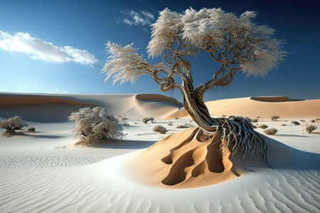 Global warming concept, panoramic view on snow tree in the desert. Generative AIの素材
