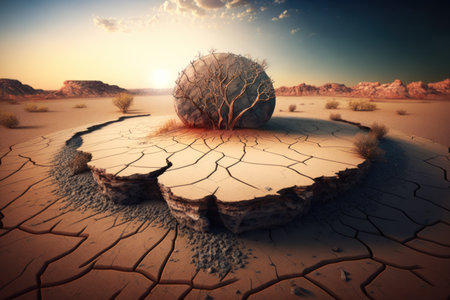 Global warming concept. cracked ground under hot sunset, drought cracked desert landscape. Generative AIの素材