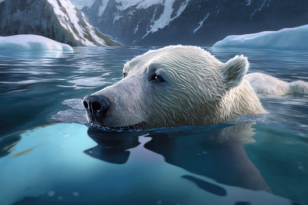 Portrait of Polar bear swimming in icy waters in Antarctica. Generative AIの素材