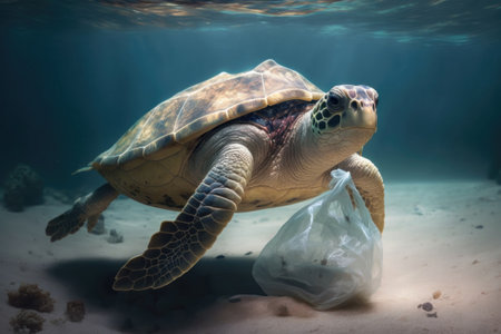 turtle swimming with a plastic bag stuck on it. Metaphor on the danger of plastic waste in the seas. Plastic pollution in ocean environmental problem. Turtles can eat plastic bags mistaking them for jellyfish. Generative AIの素材