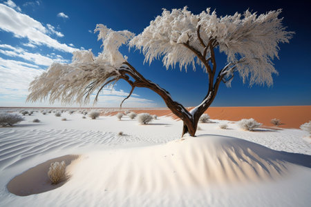 Global warming concept, panoramic view on snow tree in the desert. Generative AIの素材