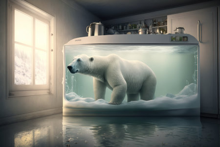 Global warming concept, portrait of polar bear swimming in a fridge. Generative AIの素材