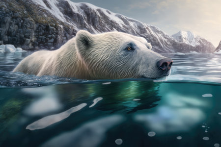 Portrait of Polar bear swimming in icy waters in Antarctica. Generative AIの素材
