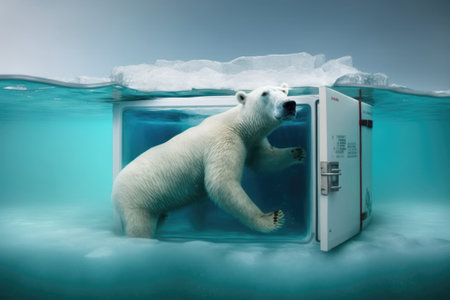 Global warming concept, portrait of polar bear swimming in a fridge. Generative AIの素材