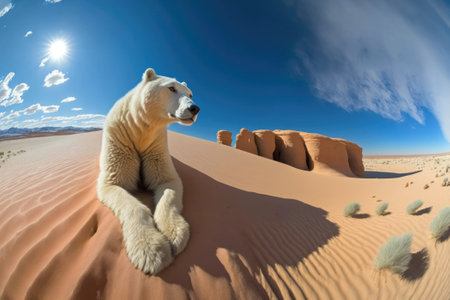 Global warming concept, portrait of polar bear lying on a sand dune in the dessert. Generative AIの素材