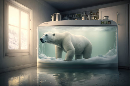 Global warming concept, portrait of polar bear swimming in a fridge. Generative AIの素材