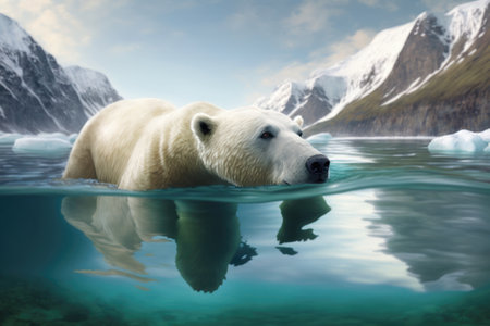 Portrait of Polar bear swimming in icy waters in Antarctica. Generative AIの素材