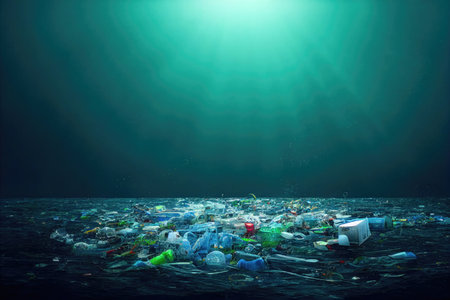 closeup on waste and human pollution at the bottom of the ocean. Generative AIの素材
