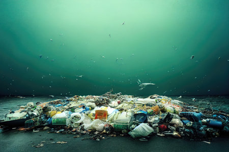 closeup on waste and human pollution at the bottom of the ocean. Generative AIの素材