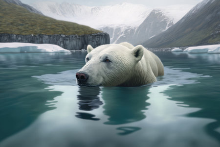 Portrait of Polar bear swimming in icy waters in Antarctica. Generative AIの素材