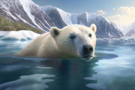 Portrait of Polar bear swimming in icy waters in Antarctica. Generative AIの素材