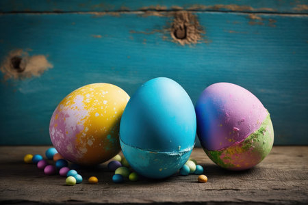 view of easter eggs in various patterns on a wooden floor decorated in retro style .Generative AIの素材