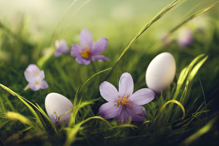 colorful easter eggs on meadow grass background. Generative AIの素材