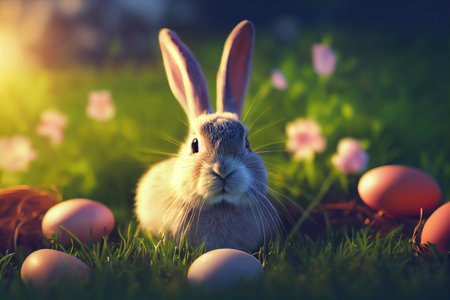 Cute bunny and Easter eggs on green grass .Generative AIの素材