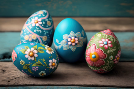 view of easter eggs in various patterns on a wooden floor decorated in retro style .Generative AIの素材