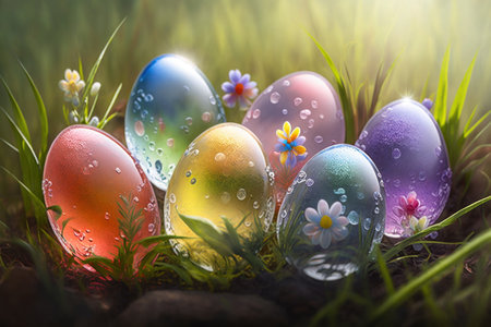 colorful easter eggs on meadow grass background .Generative AIの素材