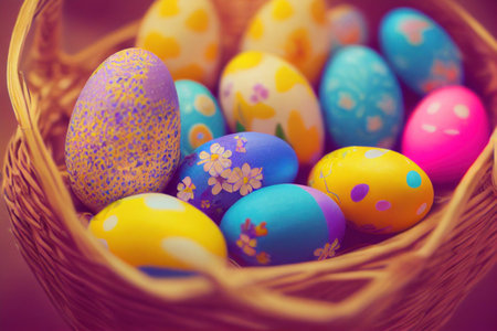 colorful easter eggs on meadow grass background .Generative AIの素材