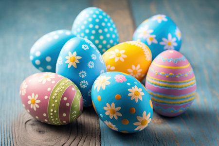 view of easter eggs in various patterns on a wooden floor decorated in retro style .Generative AIの素材