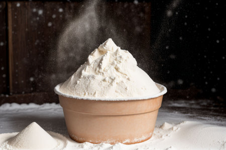 White flour in a bowl on a wooden background with snowflakes.の素材