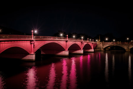 A bridge lit up in pink reflecting in the waterの素材